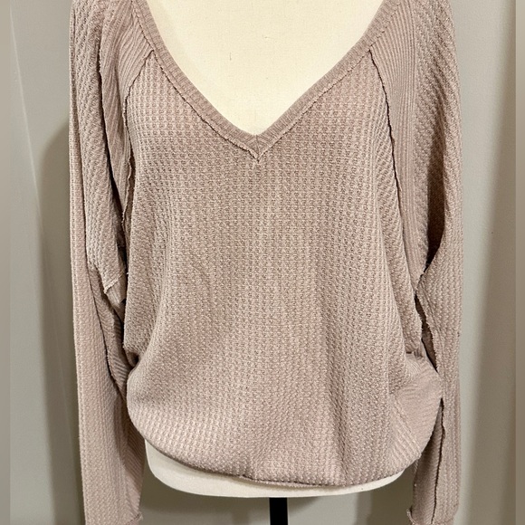 Free People Santa Clara Blush waffle knit exposed seams batwing top.SZ:Small EUC - Picture 1 of 6